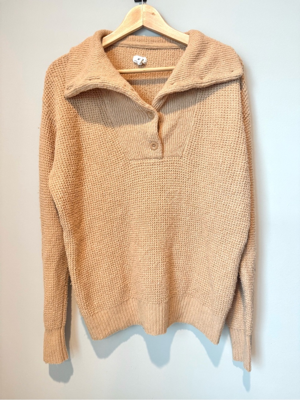 Aerie Cozy Beige Fuzzy Knit Waffle Weave Pullover Sweater with Button Collar